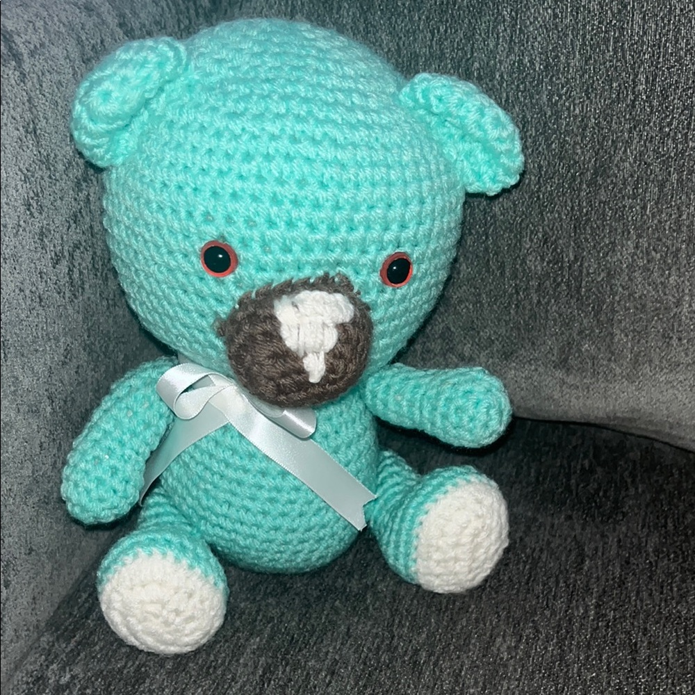 Handmade Crochet Teddy Bear - Turquoise and White